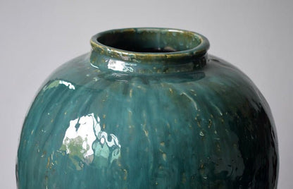 Rustic Distressed Rounded Vase With Circular Engraved Pattern With Dark Green Blue Glaze - -