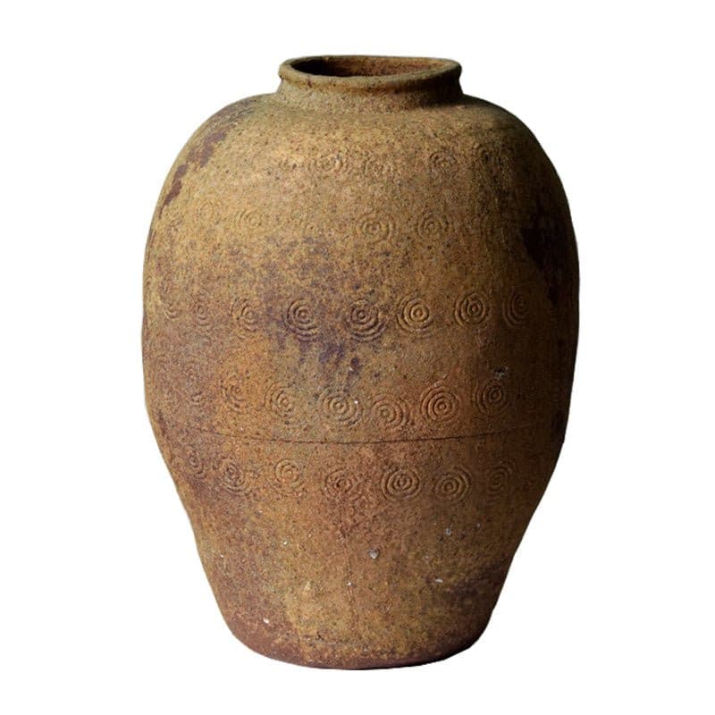 Rustic Distressed Rounded Vase With Circular Engraved Pattern With Driftwood Colour - -
