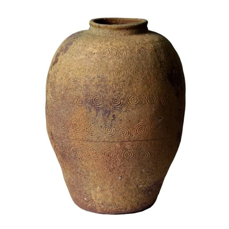 Rustic Distressed Rounded Vase with circular engraved pattern in driftwood color