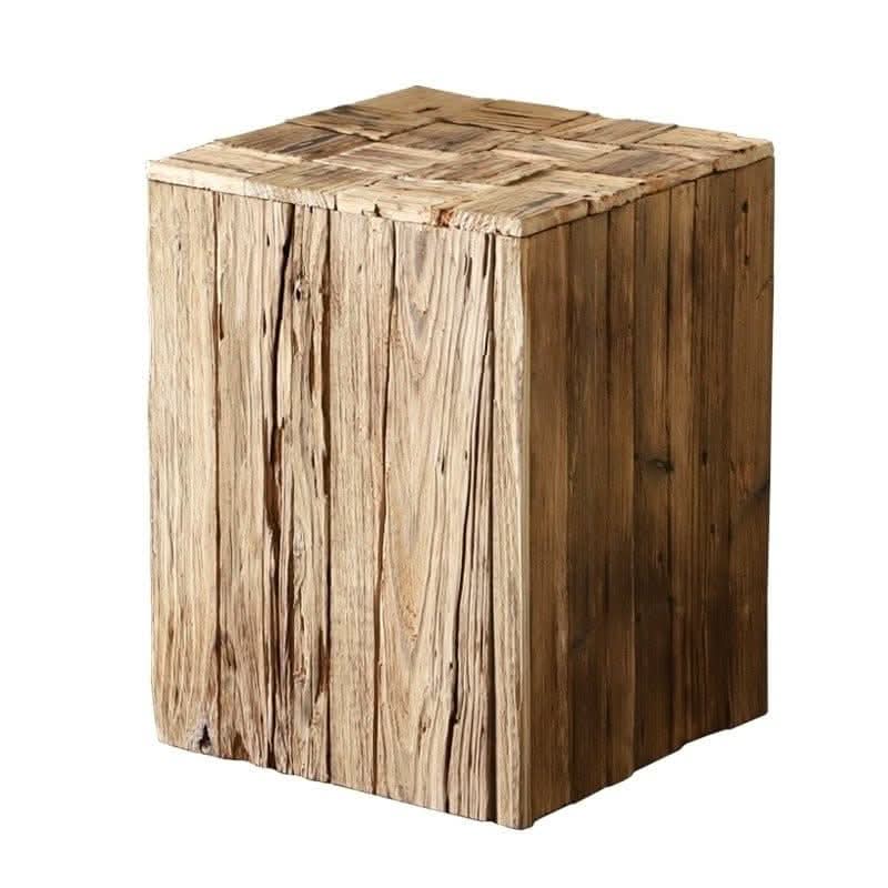 Rustic Geometric Board Stool, natural wood texture, cube shape, home decor accent