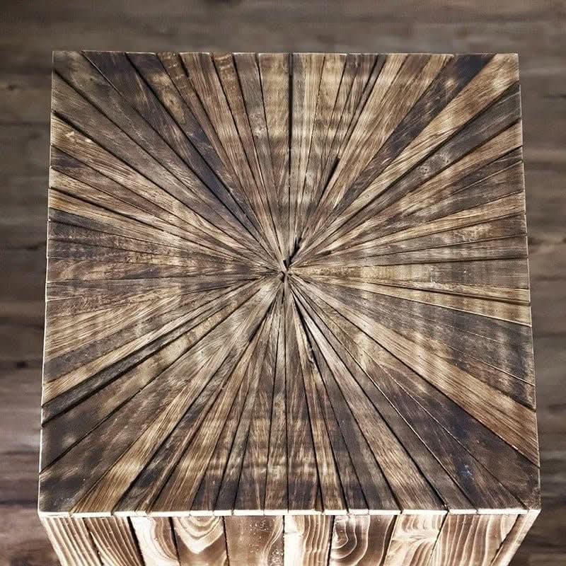 Rustic Geometric Board Stool, sunburst wood design, dark brown tones, home decor accent.