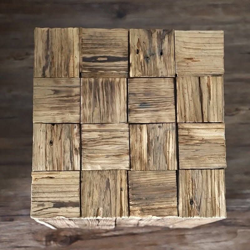 Rustic Geometric Board Stool: Natural wood blocks with textured grain. Customizable home decor.