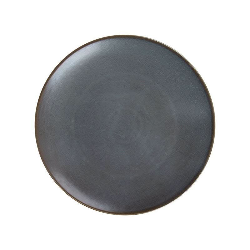 Rustic Plates ceramic breakfast set: dark gray plate with brown rim, porcelain tableware.
