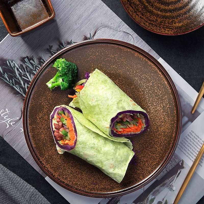 Rustic Plates Ceramic Breakfast Set with wraps and broccoli on brown ceramic dish.