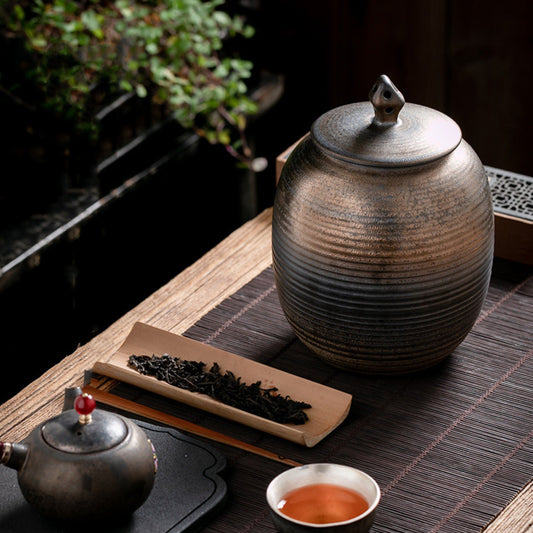 Rustic Round Ceramic Tea Can With Lid | Japanese Tea Can, Tea, Coffee, Sugar, Flour, Spices, Herbs, Candy Jar - -