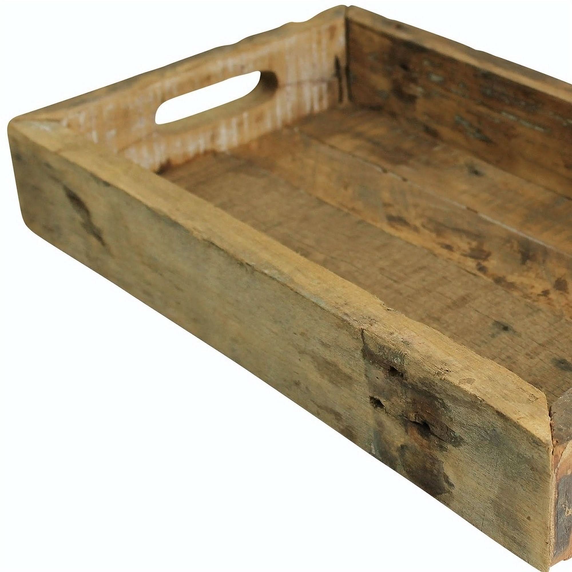 Rustic squared ottoman tray made of distressed wood, features cut-out handles.