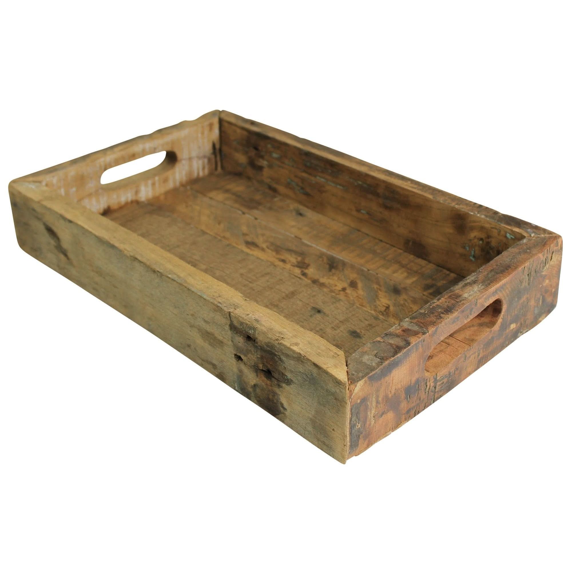 Rustic squared ottoman tray with distressed wood finish and cutout handles.