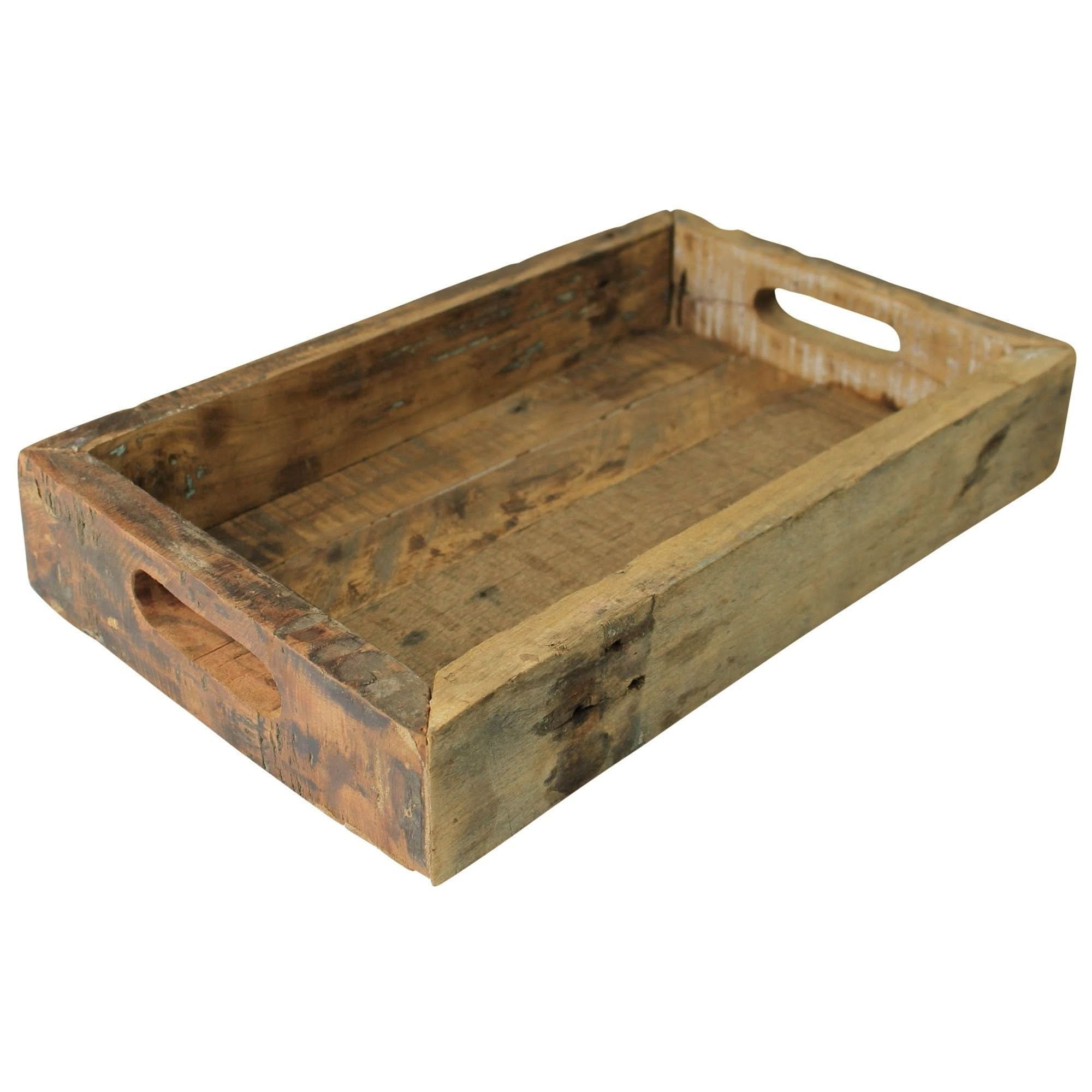 Rustic squared ottoman tray made of distressed wood with carved handles, perfect for home decor.