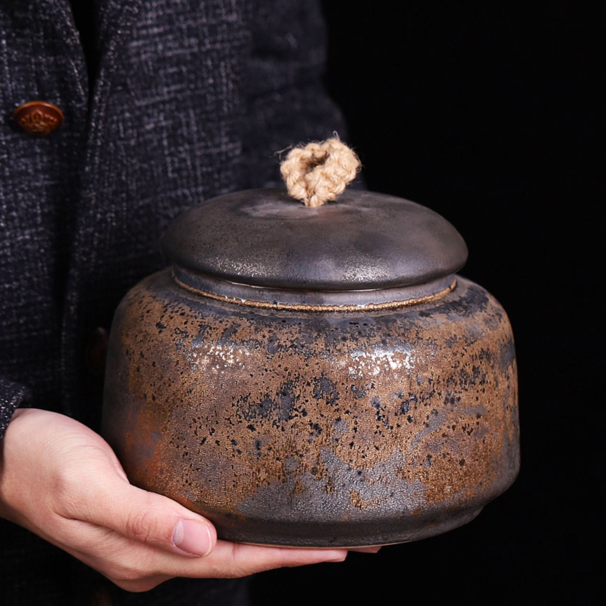Rustic Traditional Chinese Ceramic Tea Can, textured brown and black stoneware with twine pull