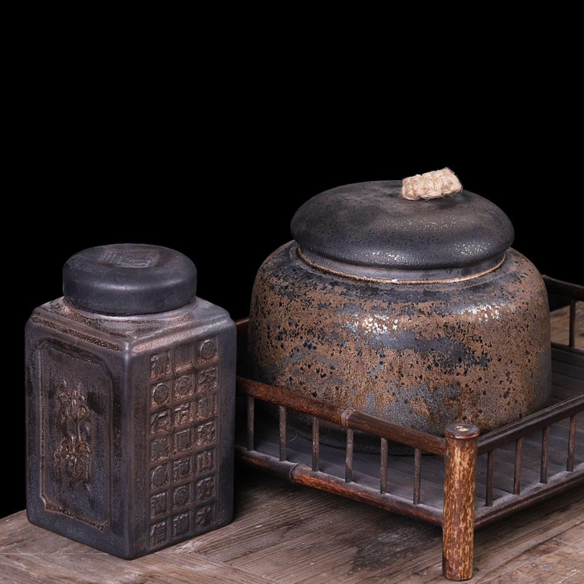 Rustic Traditional Chinese Ceramic Tea Canister, dark textured glaze, bamboo holder, home decor