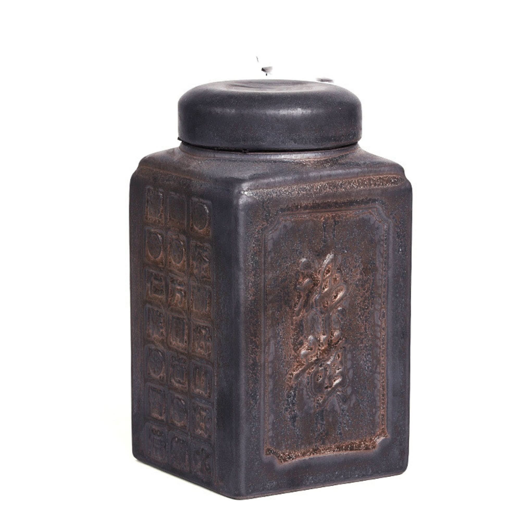 Rustic Traditional Chinese Ceramic Tea Can, dark brown ceramic storage jar with embossed patterns.