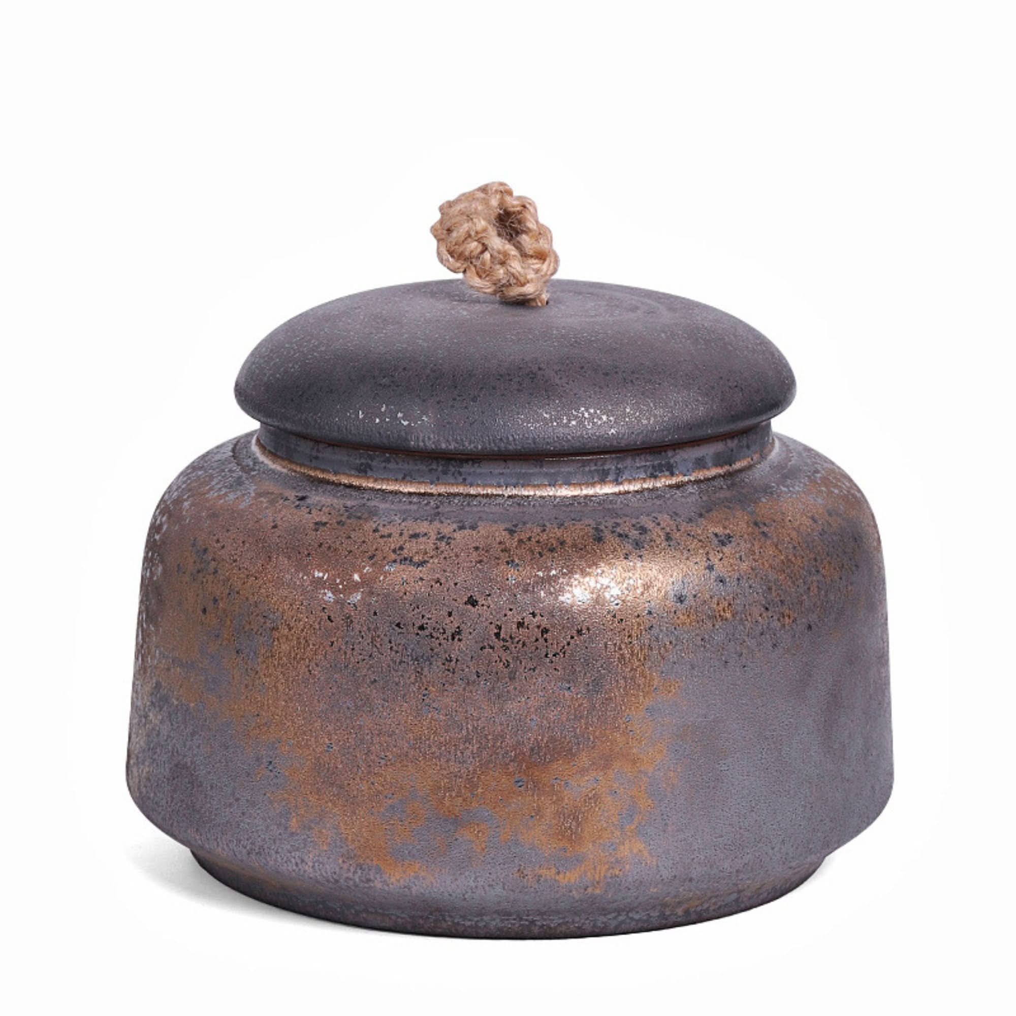 Rustic Traditional Chinese Ceramic Tea Can with rope pull, grey and copper tones.