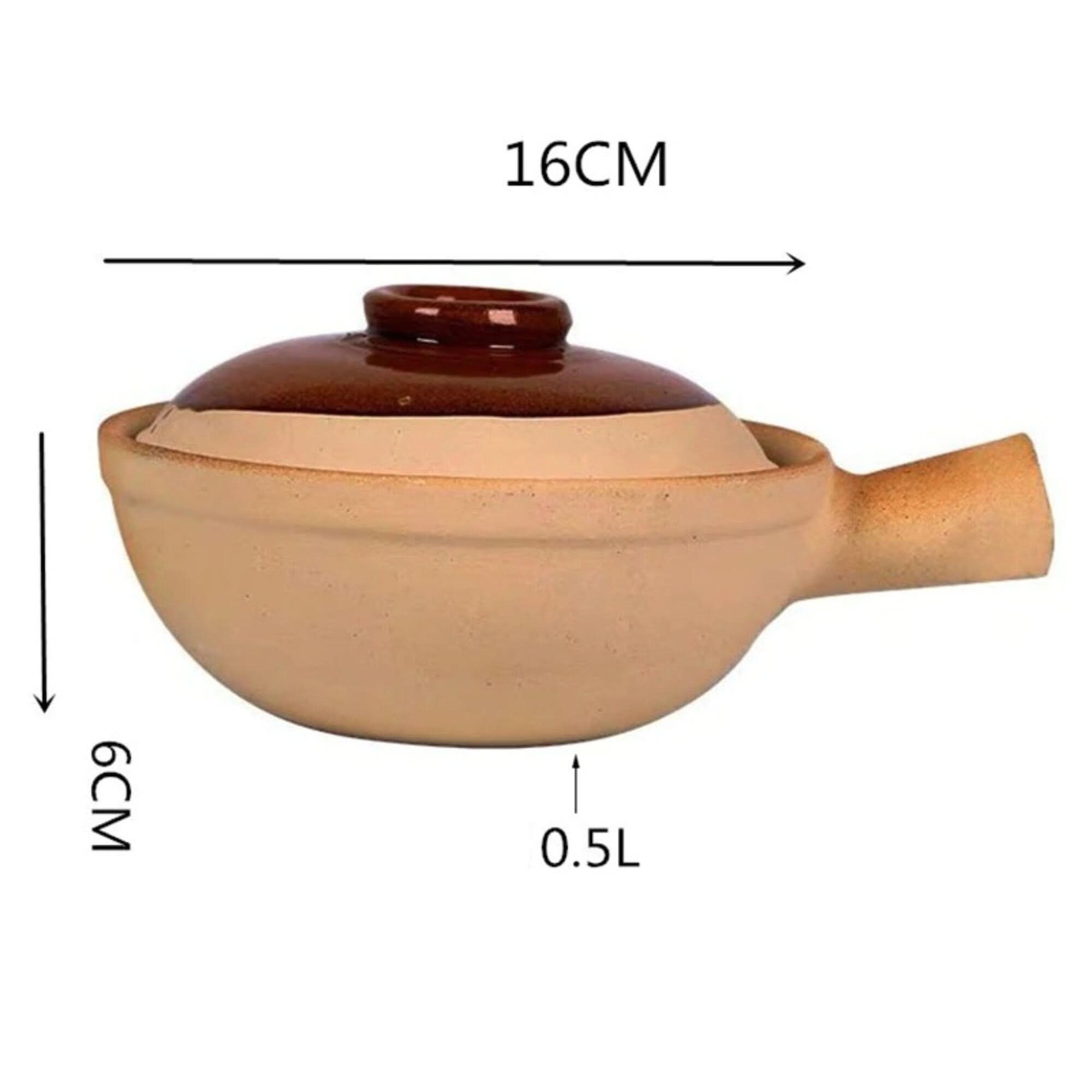 Rustic unglazed stoneware baking pot, beige ceramic with brown lid, 16cm x 6cm.