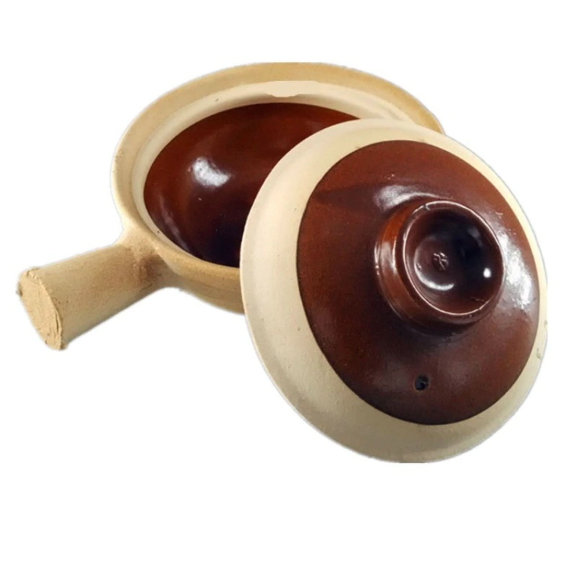 Rustic unglazed stoneware baking plate with brown ceramic lid and handle. Japanese pottery.