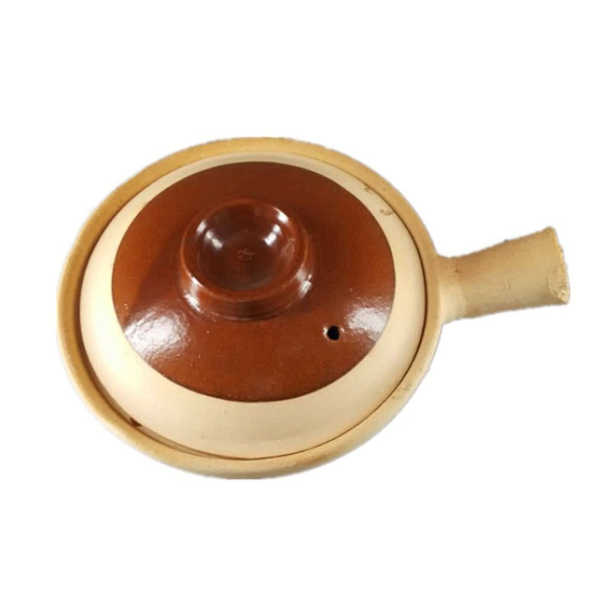 Rustic unglazed stoneware baking plate with brown lid, Japanese ceramic kitchenware.