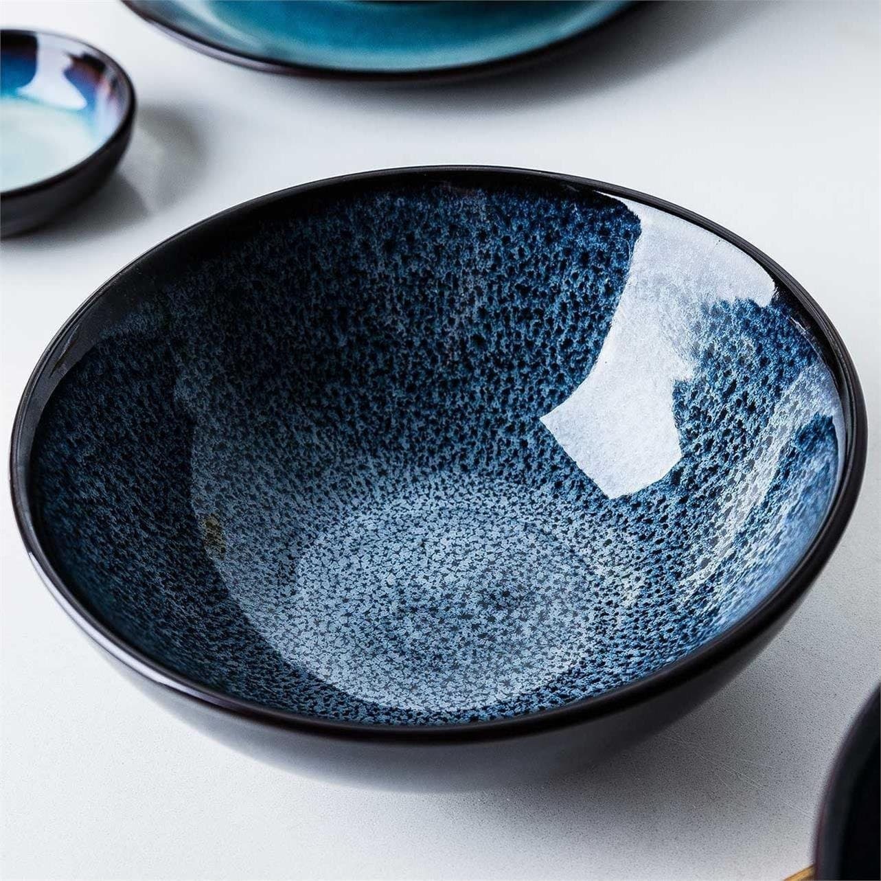 Set of 3 Ceramic Black Bowl With Blue Glaze Inside 5.9" Bowl | Noodle, Soup, Stoneware, Cereals, Rice, Pasta, fruit bowl, asian soup bowl - -