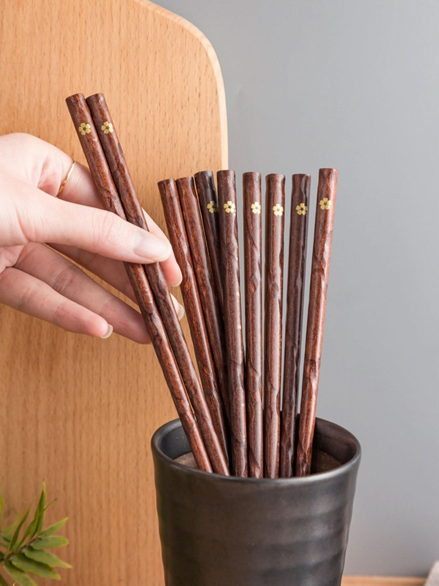 Dark wood chopsticks with gold cherry leaf detail, set of 5.