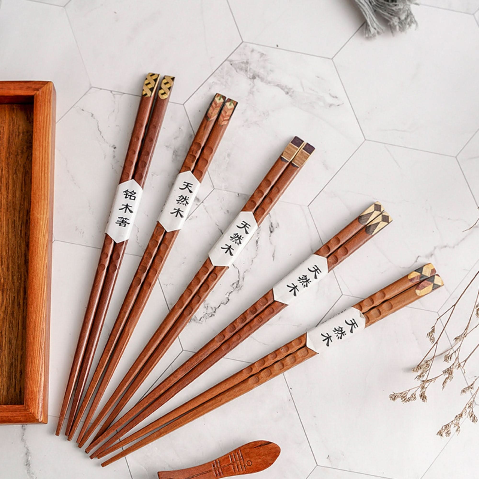Set of 10 pairs Wooden Chopsticks With Colored Upper Part, natural wood, white accent bands.
