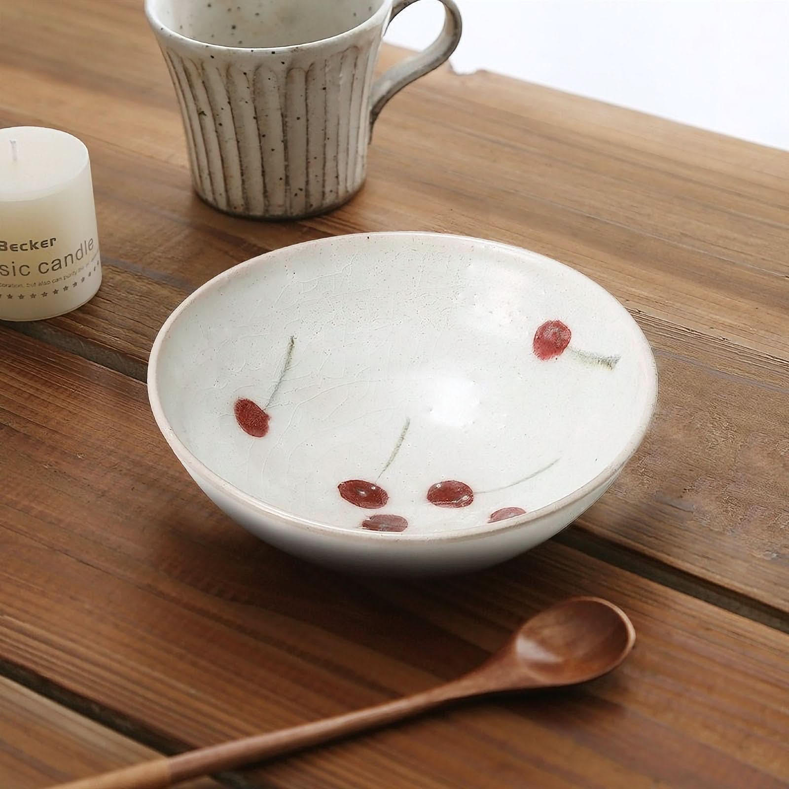 Ice Cracked Cherry Glaze Tableware Set: Rustic handmade Japanese bowl with cherry design.