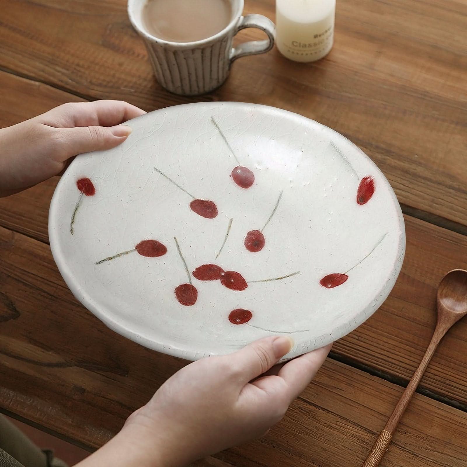 Ice Cracked Cherry Glaze Tableware Set: white oval plate with red cherries, rustic handmade Japanese dinnerware.