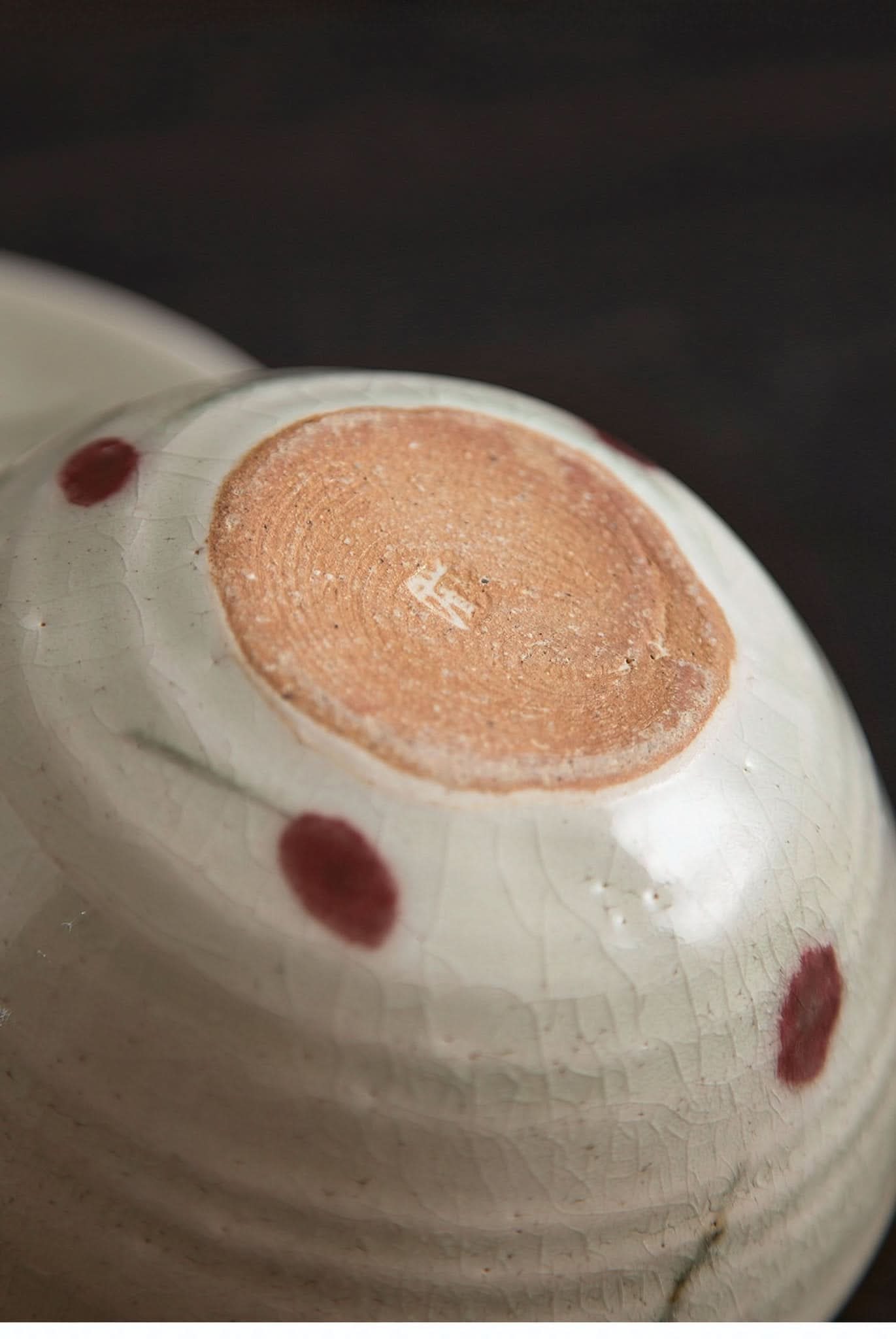 Set of Ice Cracked Cherry Glaze Tableware Set: rustic, hand-made Japanese ceramic with red dots.