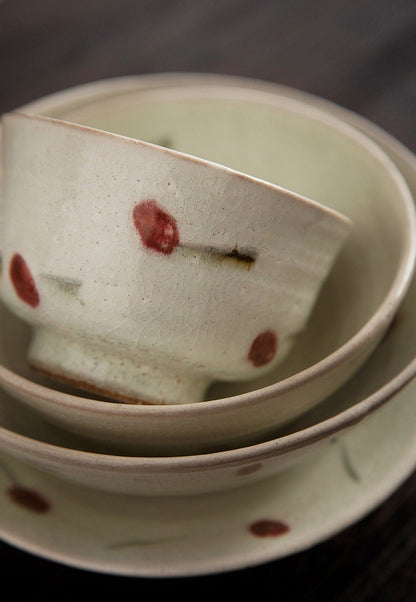 Set of Ice Cracked Cherry Glaze Tableware Set 10.14oz | Imported From Japan, Rustic Dinnerware, Hand-Made, Japanese Handmade Tableware - -