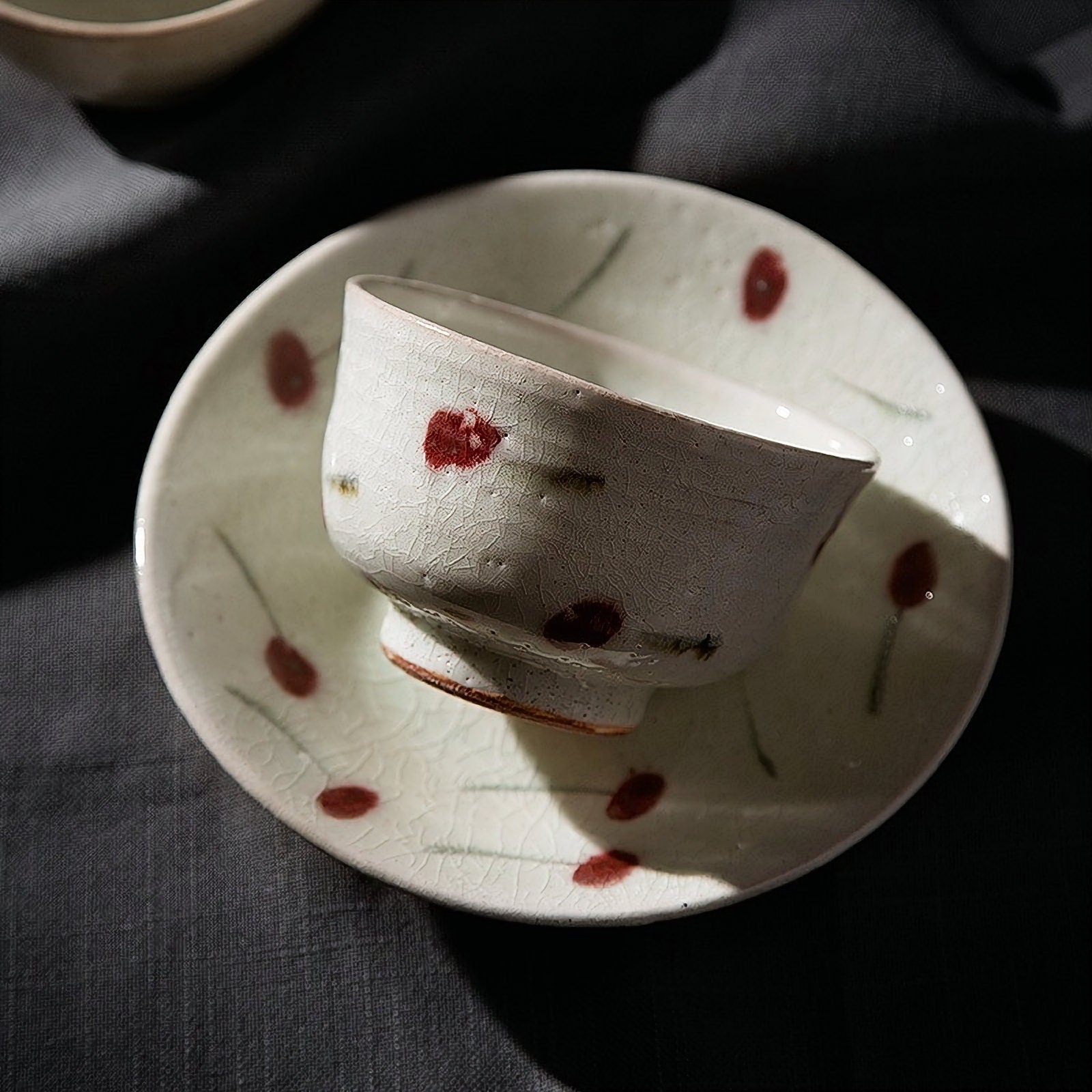 Set of Ice Cracked Cherry Glaze Tableware Set 10.14oz | Imported From Japan, Rustic Dinnerware, Hand-Made, Japanese Handmade Tableware - -
