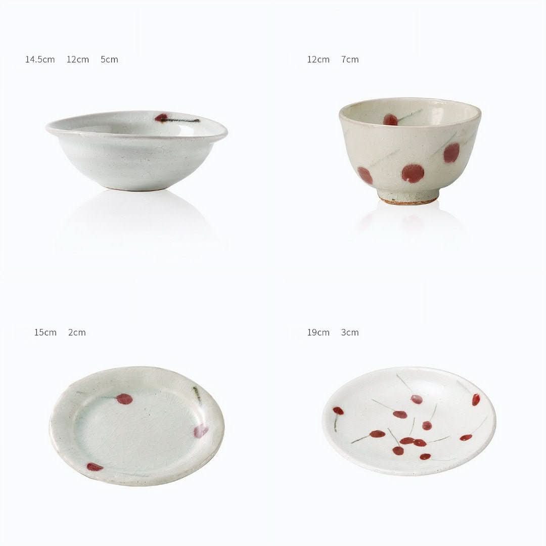 Ice Cracked Cherry Glaze Tableware Set: rustic ceramic bowls & plates with red cherry accents, handmade in Japan.