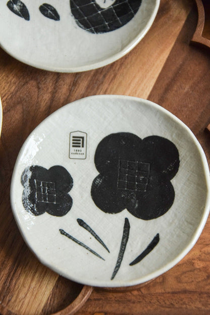 Seto Yaki Made In Japan Slimline Flower Small Plate | Handmade, Black and White Plate, Black Flower, Made In Japan, Japanese Art - -
