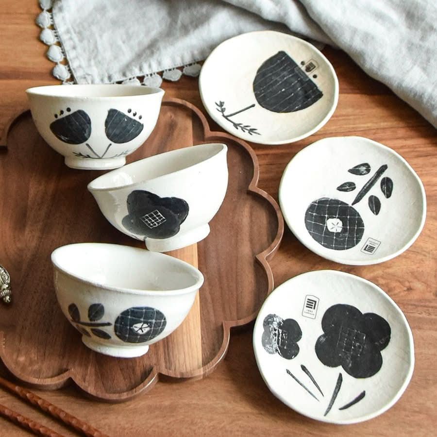 Seto Yaki black & white handmade small plates & bowls with floral art, Made In Japan.