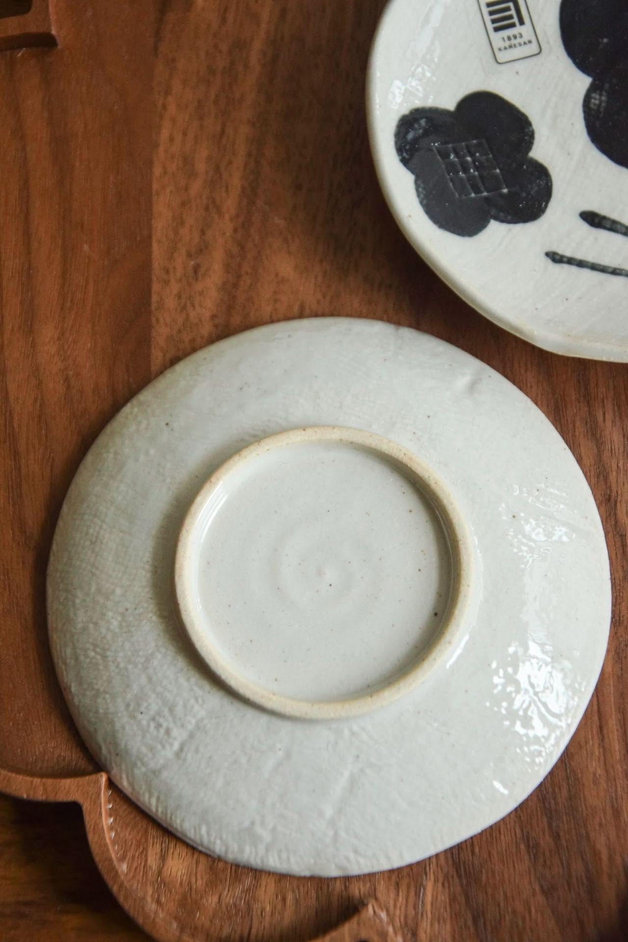 Seto Yaki Slimline Flower Plate, black & white Japanese art on ceramic, handmade in Japan.