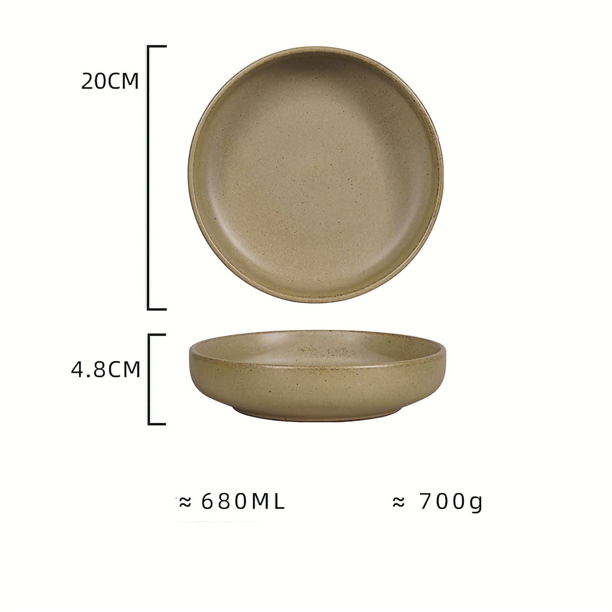 Earthy-toned ceramic shallow plates & salad bowl. 20cm diameter.