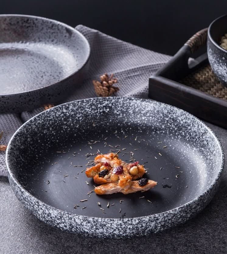 Shallow Plates With Gradients: speckled ceramic dishes with food, home decor