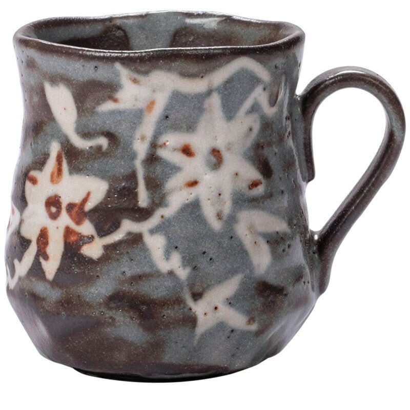 Rustic Shino-Yaki floral ceramic mug, handmade in Japan. 8.8oz.
