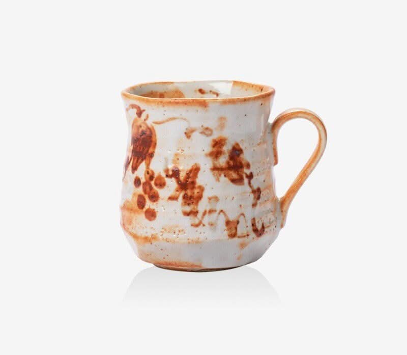 Shino-Yaki mug with rustic brown floral design, handmade Japanese ceramic tea cup.