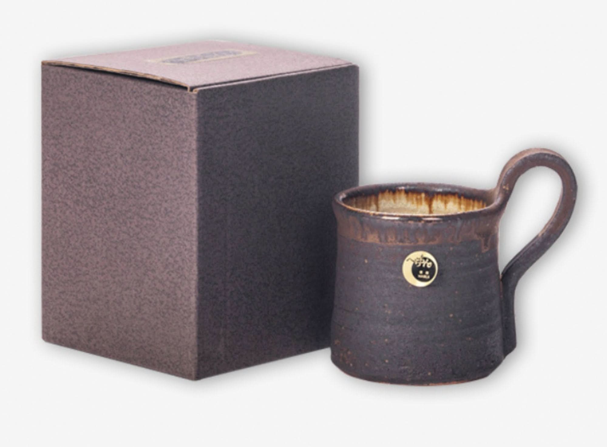 Shiraku-yaki stoneware mug, handmade in Japan, with rustic glazed finish and box.