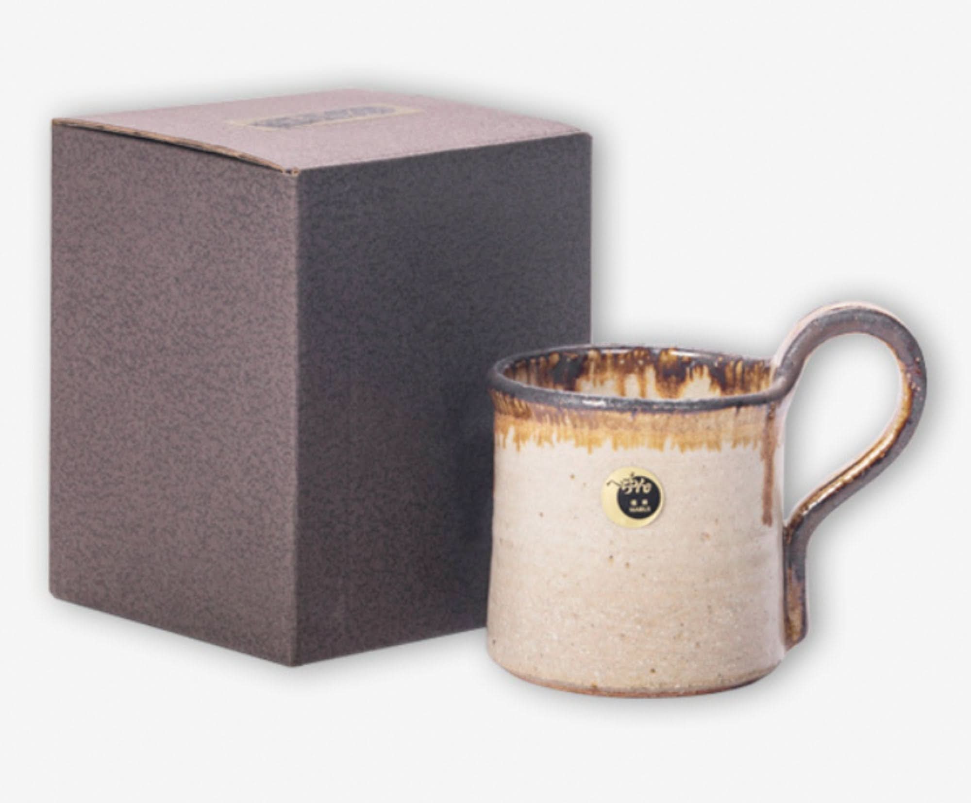 Rustic glazed Shiraku-yaki stoneware mug with textured gift box, handmade in Japan.
