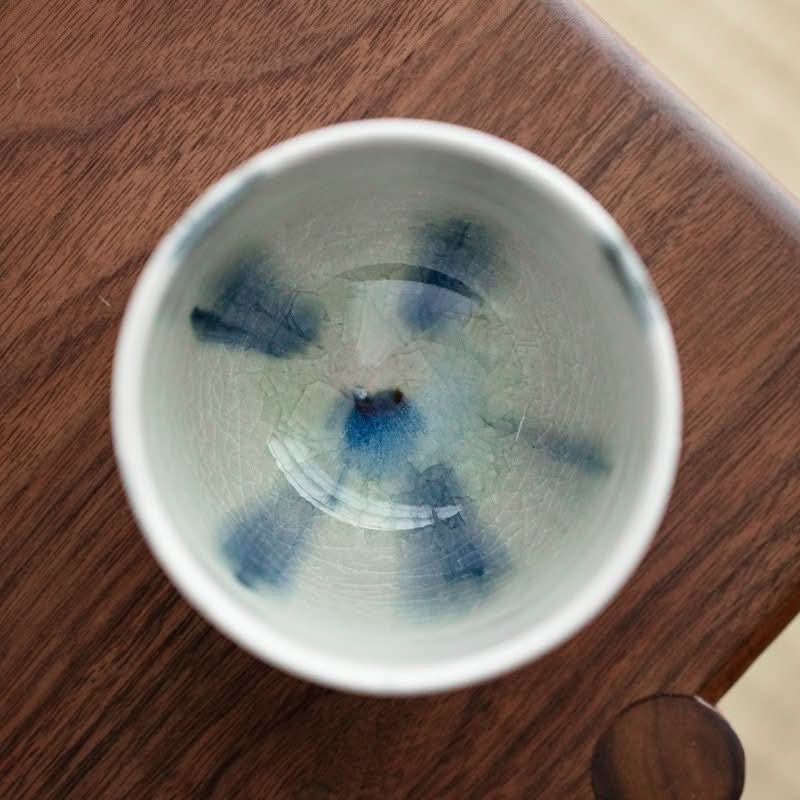 White & blue ice-cracked glaze Shiraku-Yaki tea cup, Japanese handmade ceramic personal cup