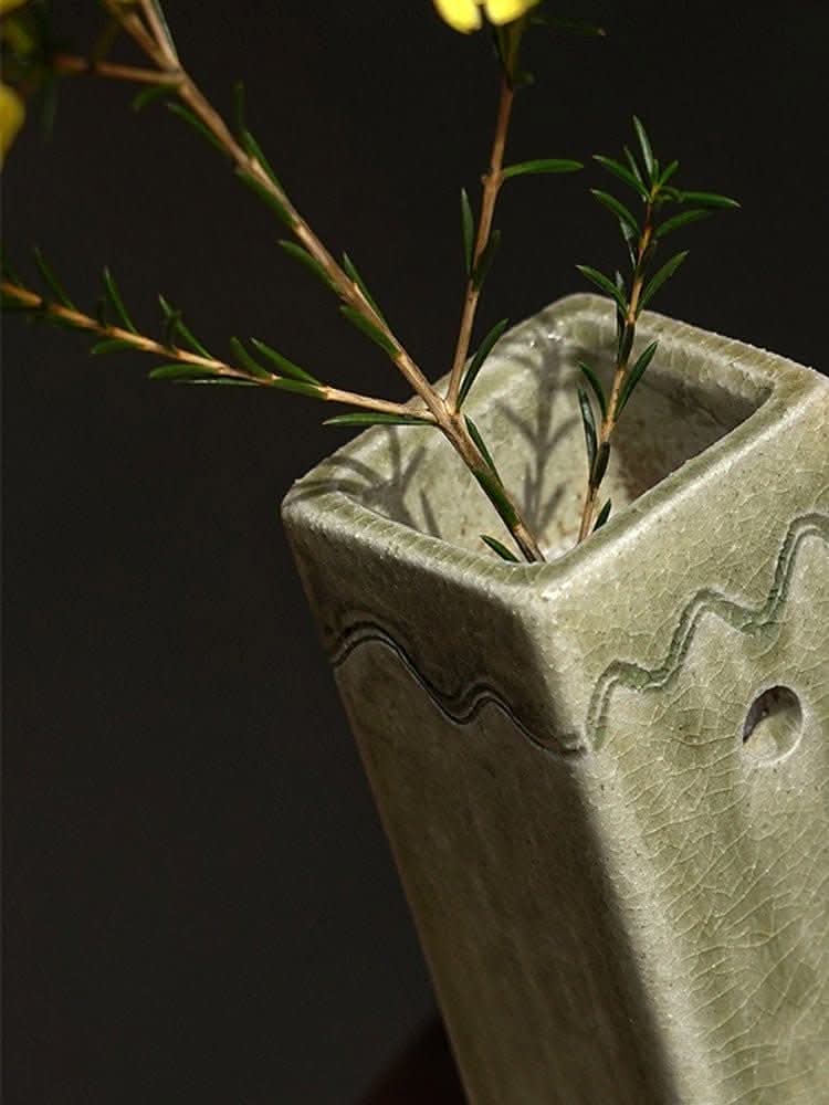 Shigaraki ceramic slab pottery flower vase, Japan imported, textured sage green with wavy details.