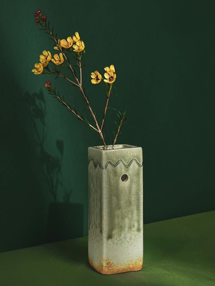 Shigaraki Ceramic vase with yellow flowers. Imported slab pottery, Japan.