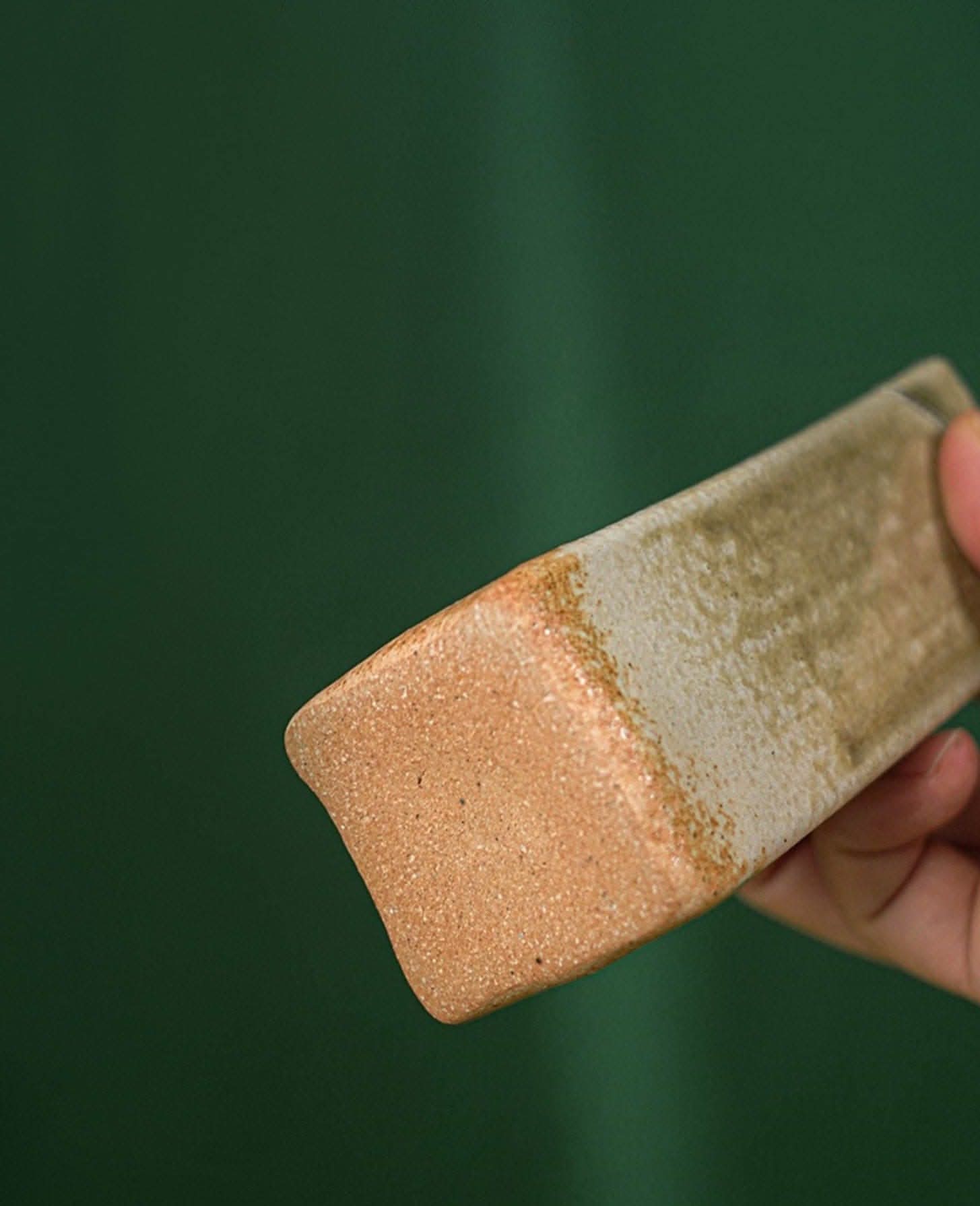 Shigaraki ceramic slab pottery flower vase, tan & cream glaze, Japan imported home decor.