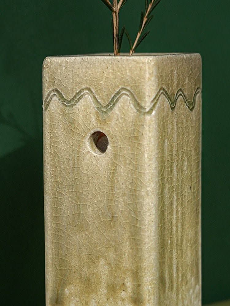 Tan Shigaraki ceramic flower vase, Japan imported, crackle glaze, with decorative wavy line.