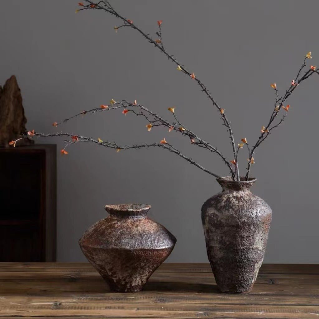 Small Wabi-Sabi Pottery Pot Vase | Retro Zen Tea Room Table Decoration Antique Pottery Home Decor Gift - -