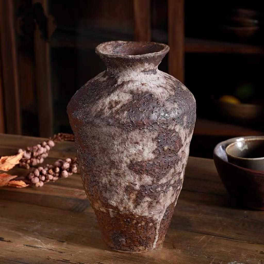 Small Wabi-Sabi Pottery Pot Vase | Retro Zen Tea Room Table Decoration Antique Pottery Home Decor Gift - -