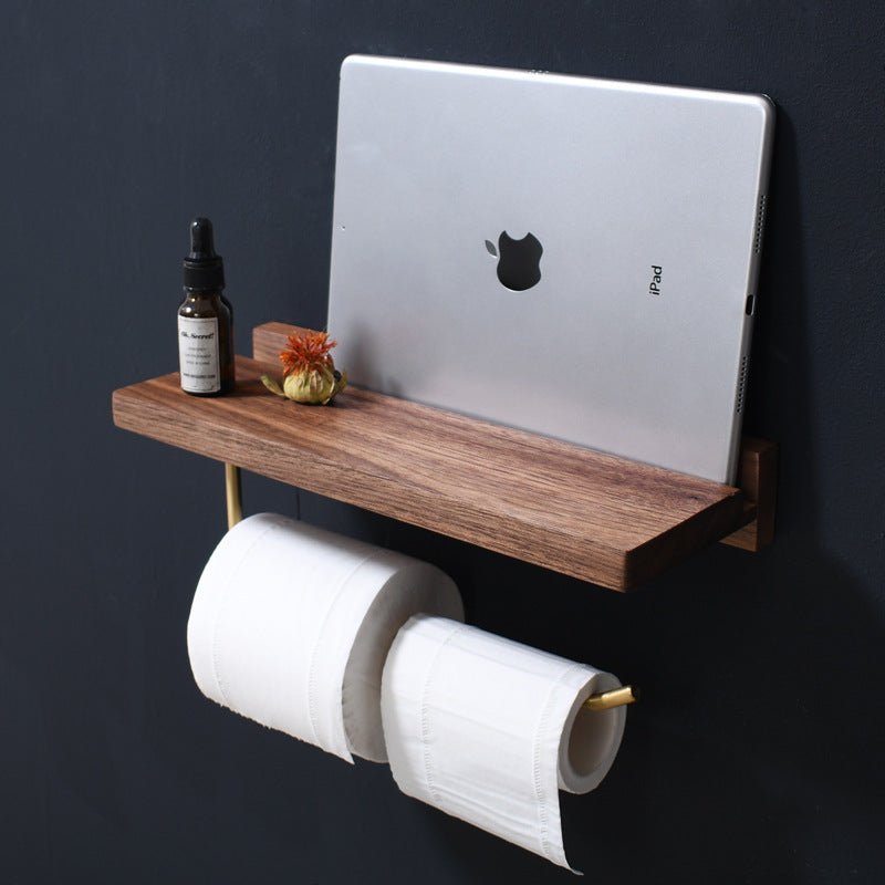 Solid wood and gold toilet paper holder with shelf - -