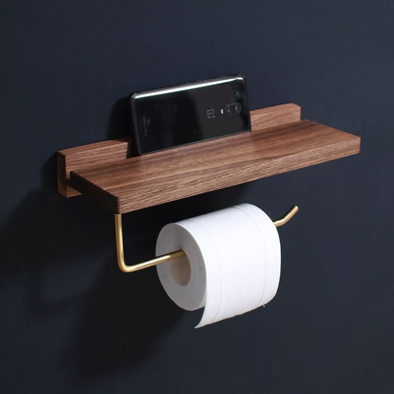 Solid wood & gold toilet paper holder with shelf and phone, dark background.