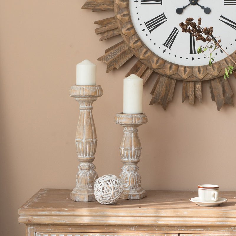 Solid Wood Carved Candlestick - Boho, Candles, Wedding, Farmhouse, Ethnic - -