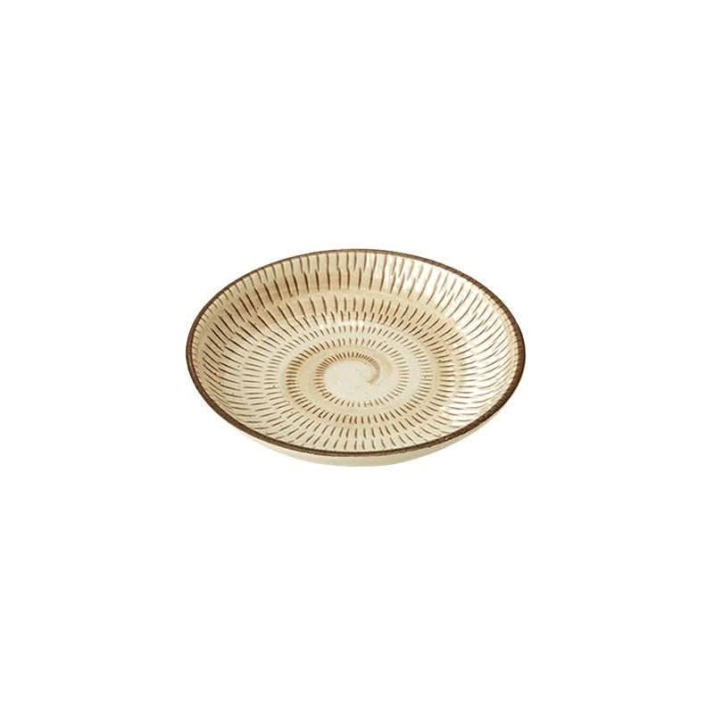 Japan imported Mino Minyun ceramic soup plate with brown spiral pattern.