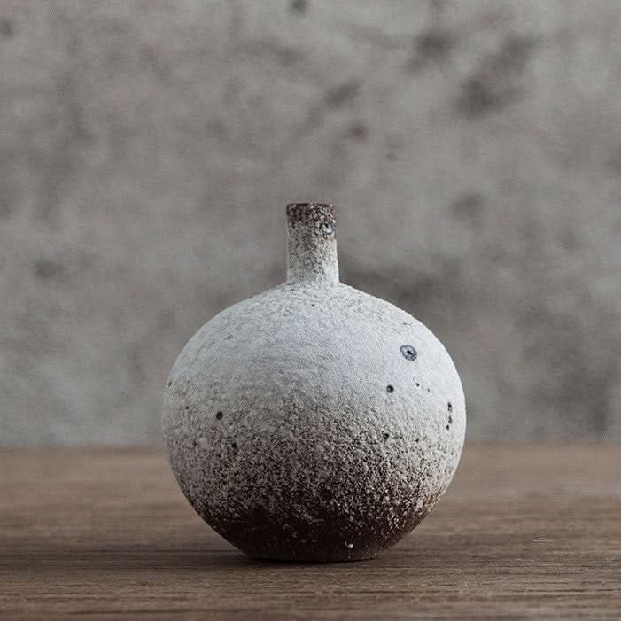 Speckled Gray Small Ceramic Vase with rustic, stoneware texture on wooden surface