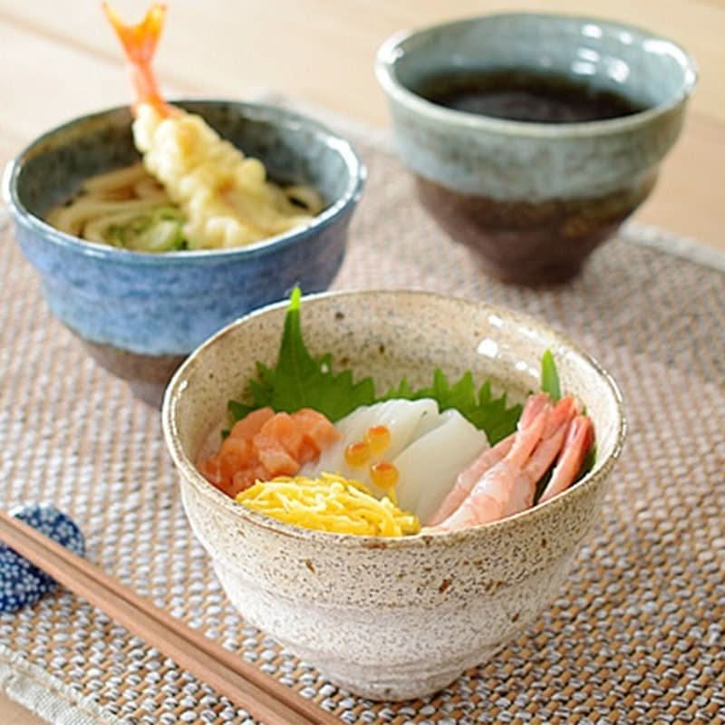 Rustic ceramic ramen bowls with colorful toppings, chopsticks. 14.54oz.